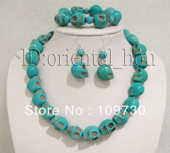 

free shipping Jewelry 00285 New 18mm Blue Gem Carved Skull Necklace SET