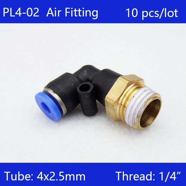 

10 Pcs of PL4-02 free shipping, 1/4" Male Thread to 4mm Elbow Pneumatic Connector Fittings