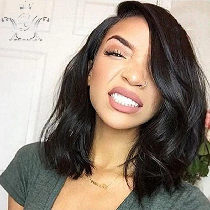 Virgin Human Hair Wavy Bob Wig Lace Front Glueless Remy