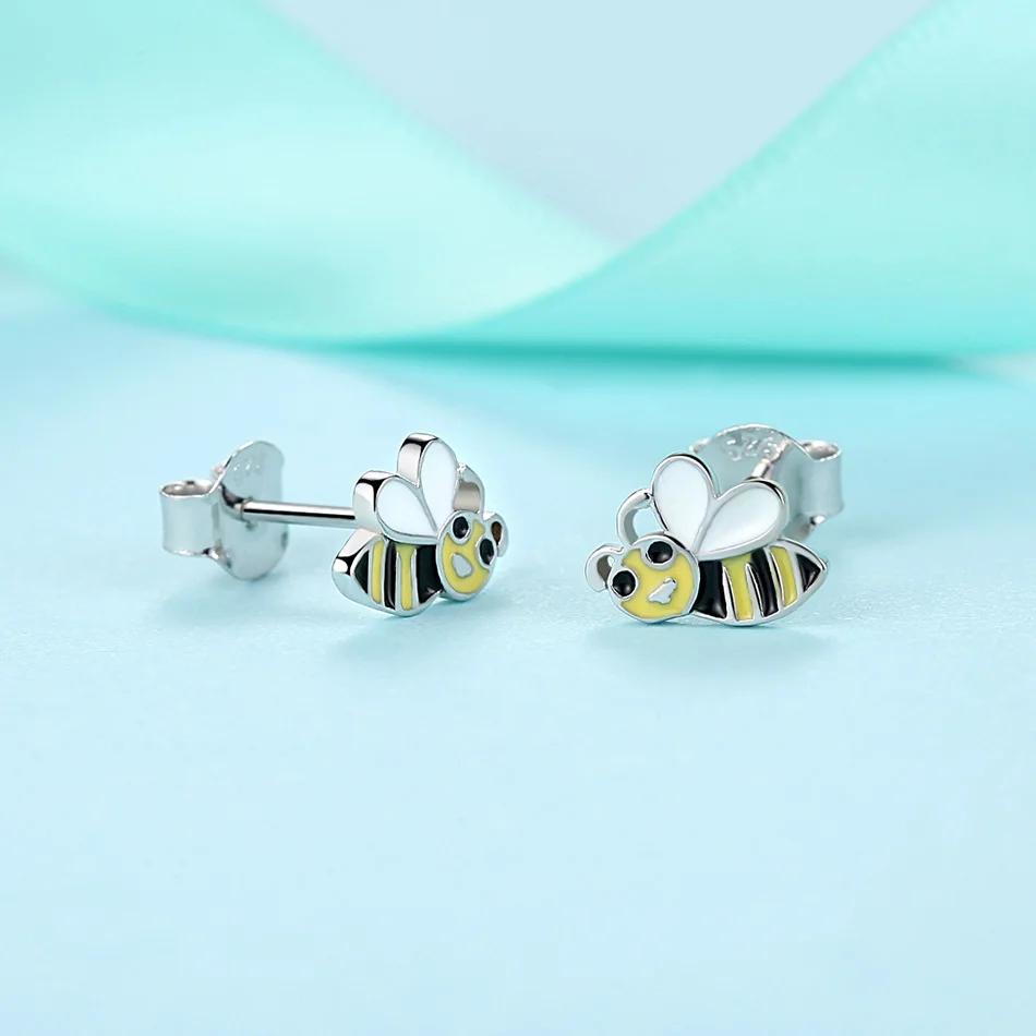 ELESHE 2019 New Simple 925 Sterling Silver Yellow Enamel Insect Honey Bee Small Stud Earrings for Women Girls Fashion Jewelry