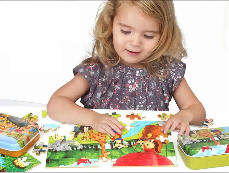 60 шт. детей жестяной коробке деревянные игрушки головоломки/дети детская одежда с рисунком из мультфильма собрать железный ящик