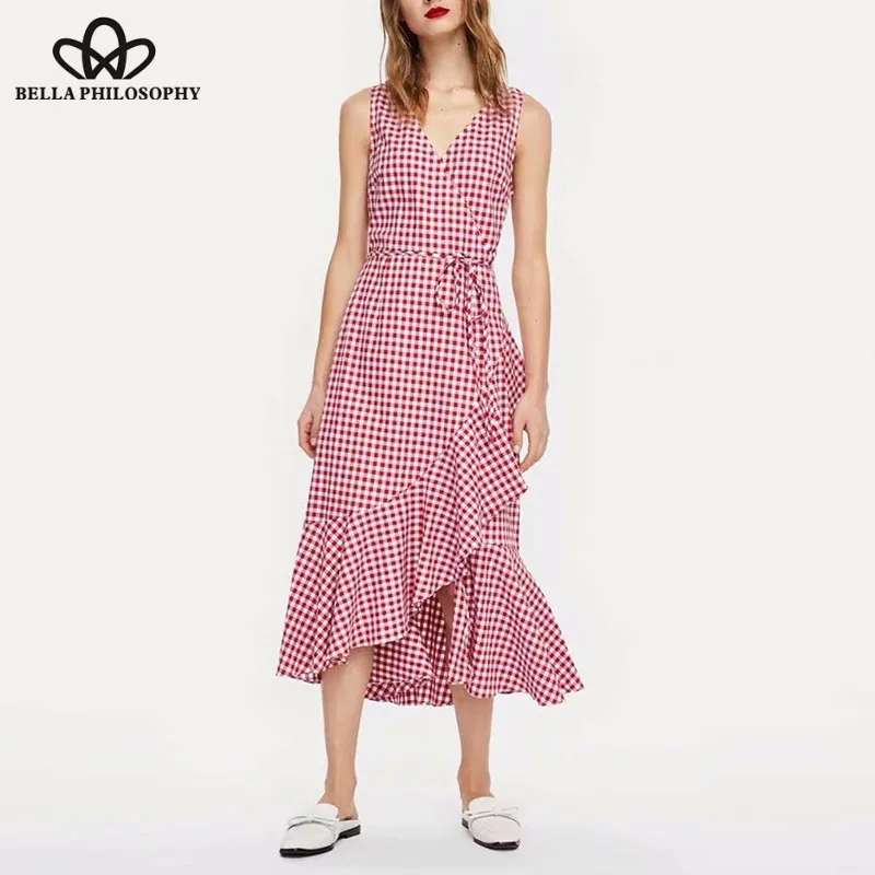 2019 NEW Summer Sleeveless Loose Long Dress Vintage Plaid Female Lace-Up Sexy Dress Casual Ruffles Lady Asymmetrical Dress