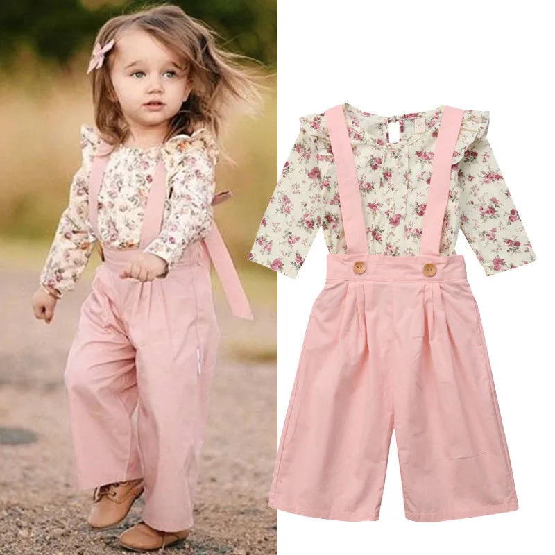 

Newborn Kids Baby Girls clothes Floral print round neck pullover Ruffle Tops solid Button Strap Pants 2pc cotton Toddler Outfits