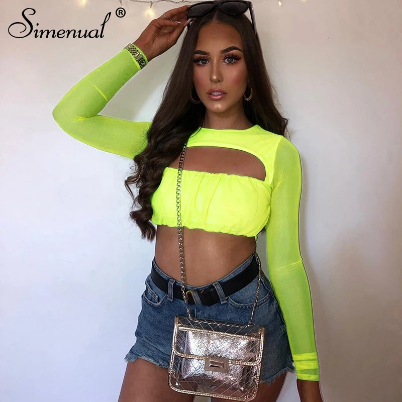 

Simenual Neon Color Mesh Sexy Tee Shirts Female Ruched Hollow Out Long Sleeve T Shirt Fashion Slim 2019 Patchwork Hot Crop Tops