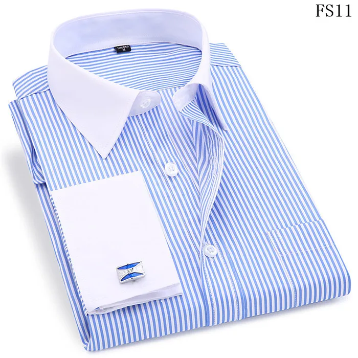 Высокое качество полосатые мужские французские запонки повседневные рубашки с длинным рукавом белый воротник дизайн стиль Свадебный Смокинг Рубашка 6XL - Цвет: FS11 Light Blue