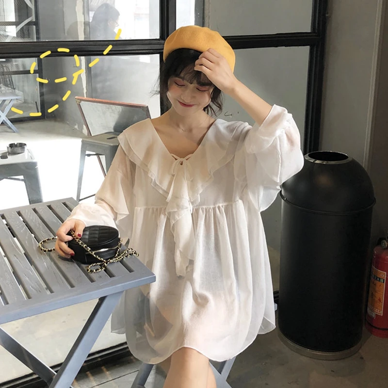 الربيع 2019 جديد الكورية الحلو طويل الأكمام الإناث الخامس الرقبة قميص فضفاض الشيفون قمصان أنيقة النساء قمصان