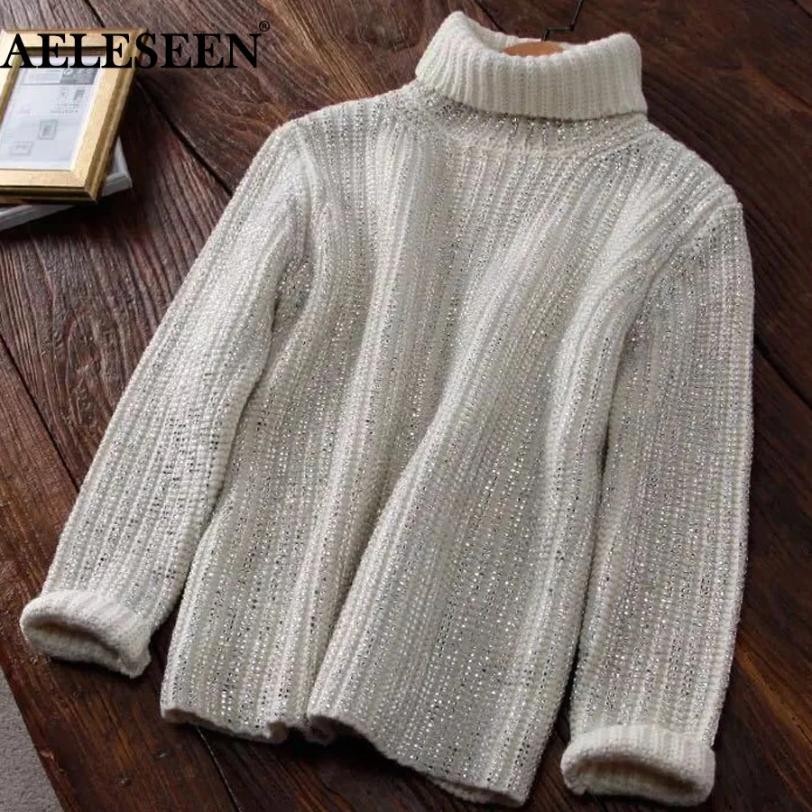 

AELESEEN High Quality Fashion 2018 Designer Sweater Women's Long Sleeve Turtlenack Luxurious Diamonds Beaded Pullover Sweater