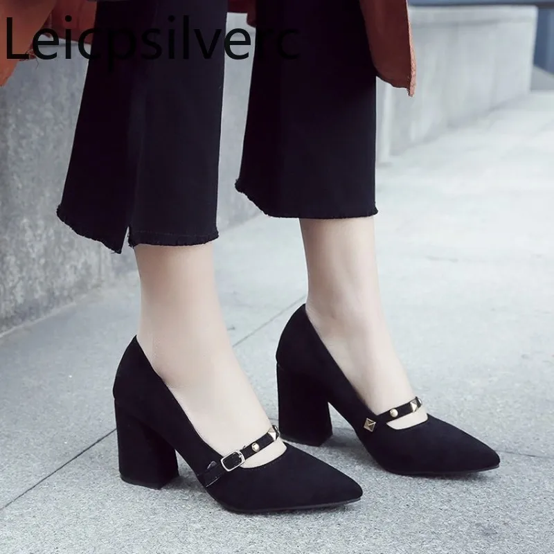 

Pumps Spring and Autumn New StyleFlock Metal Decoration Pointed Thick Heel High Heel Women's Single Shoe plus size 32-46