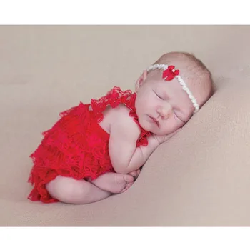 

Cute Baby Red Lace Romper Infant Toddler Petti Ruffled Strap Romper One-Piece with Flower Headband Set Newborn Birthday Jumpsuit