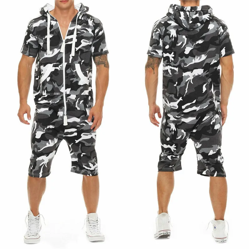 HIRIGIN Stylish Men Short Sleeve Romper Casual Jumpsuit Hooded One Piece Playsuits Wear Sets - Цвет: Camouflage