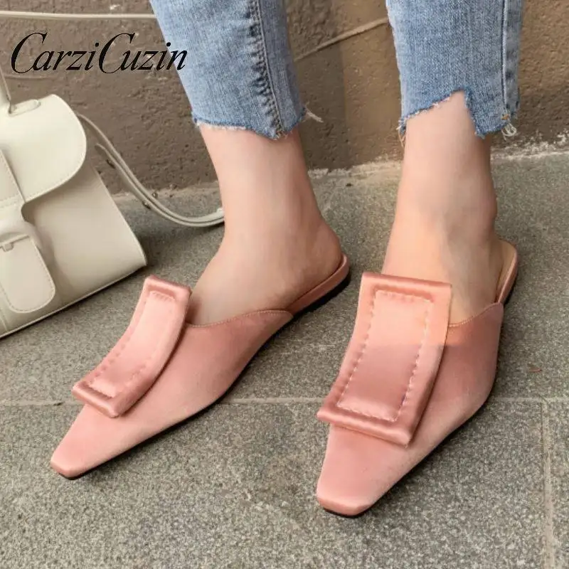 

Carzicuzin Advanced Satin Women Sandals Square Toe Flats Slippers High Quality Women Leisure Holiday Daily Footwear Size 33-40