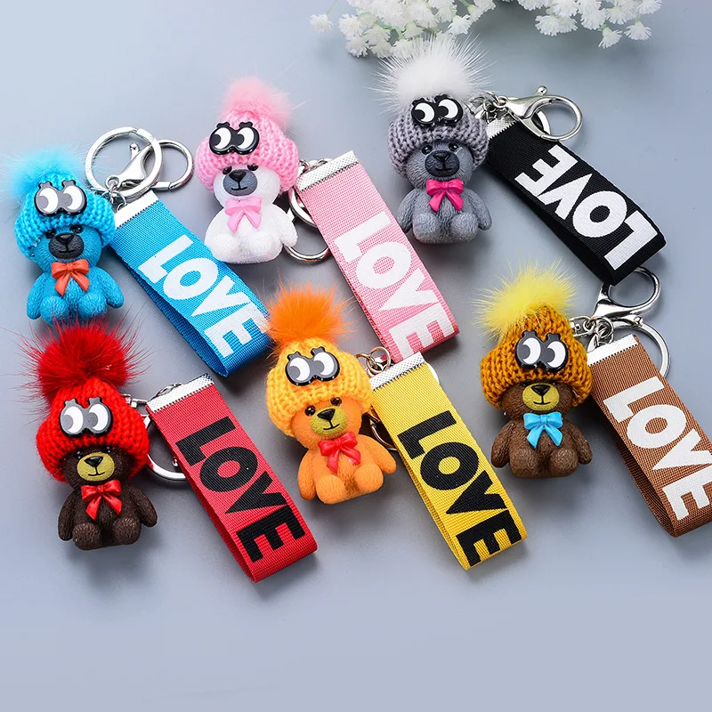 

2018 New Cute Toy Keyring 8cm Cartoon Bear Keychains Fur Pom Pom Hat Black Ribbon LOVE Printing Key Finder Chain Bag Trinket