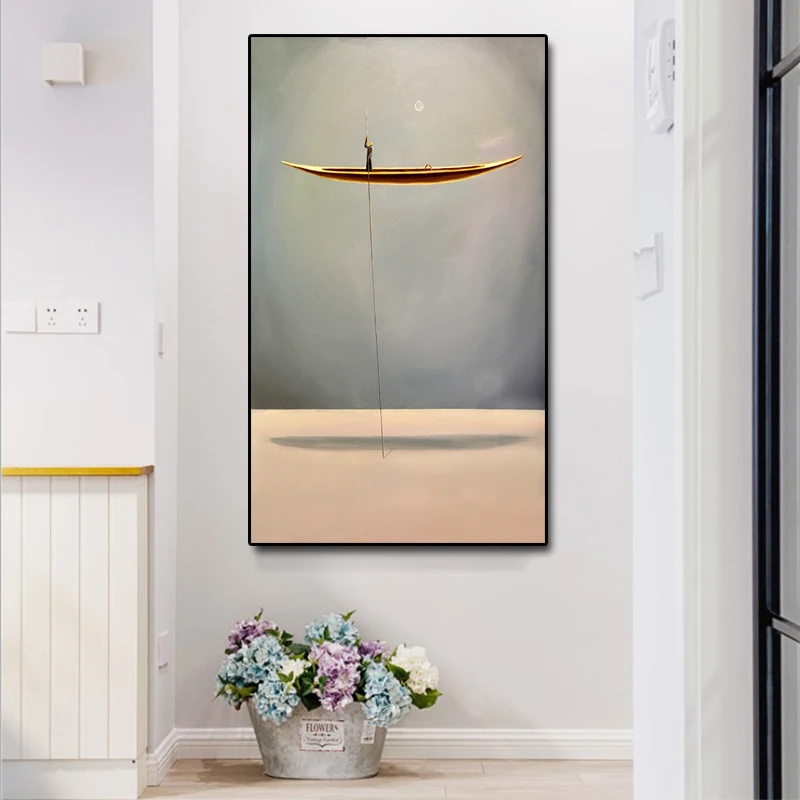 

New Chinese Style Golden Boat Natural Landscape Creative Canvas Paintings Cheap Wall Art Pictures For Living Room Home Decor
