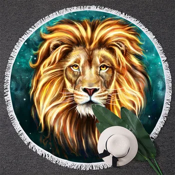 

Artistic Lion Face Mat 3D Oil Painting BlessLiving Gold Lion Round Beach Towel Yoga Mat With Tassel Wild Animal Tapestry 150cm