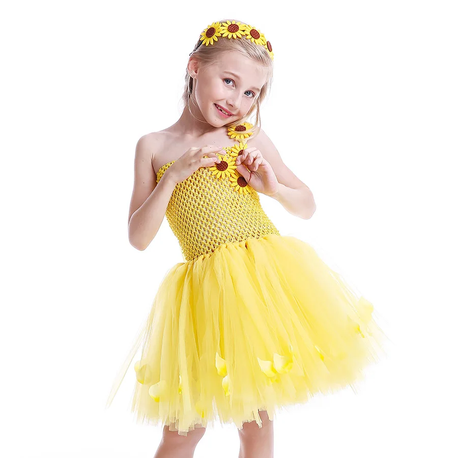 Baby Girls Sunflowers Summer Tutu Dress with Hair Hoop Kids Princess Yellow Tulle Costume (5)