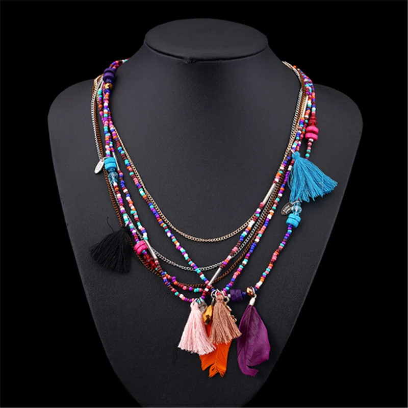 

Multi-Color Feather Necklaces & Pendants Beads Chain Statement Necklace Women Collares Ethnic Jewelry for Personalised Gifts