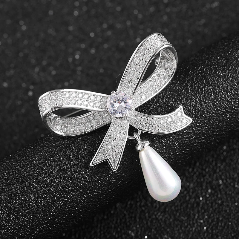 

Vintage Bow Hanging White Teardrop Brooch Pins For Women Jewelry Silver Gold Color Brooches Rhinestone Broches femme bijoux