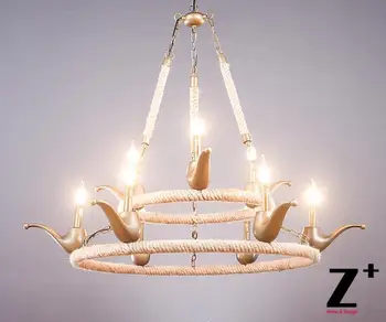 

America style vintage country Linen Flax Rope Bead made Tabacco Pipe shape Led chandelier lamp E27 X 6 LIGHTsfree shipping