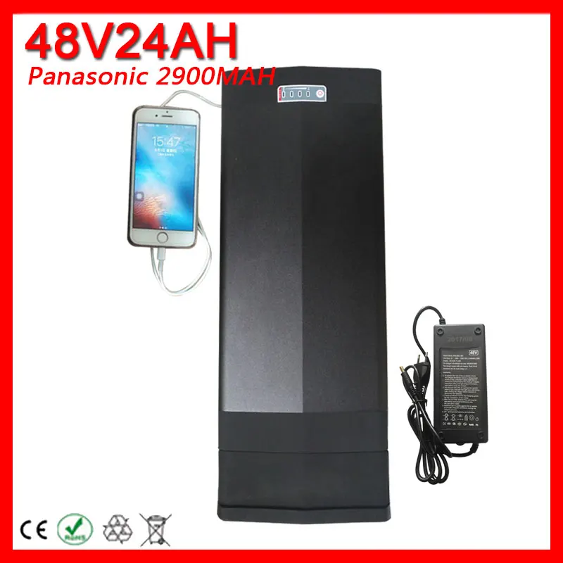 Discount 48V 24AH 2000W 1000W Electric Bicycle Battery 48V 24AH use for Panasonic 18650PF cell Lithium Battery with USB 54.6V 2A Charger 1