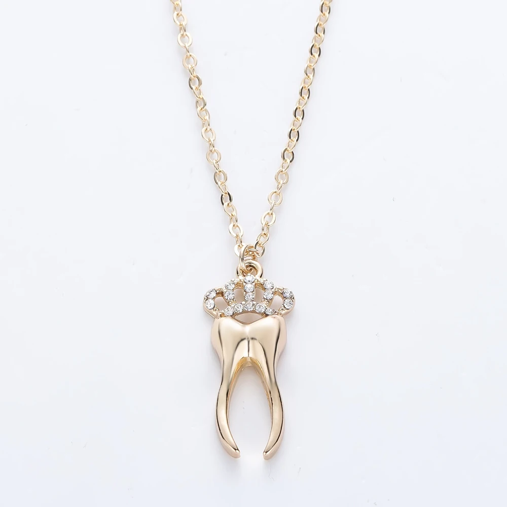Gold Alloy Tooth Teeth Molar Pendant Women Jewelry Long Chain Collar Crystals Crown Necklace