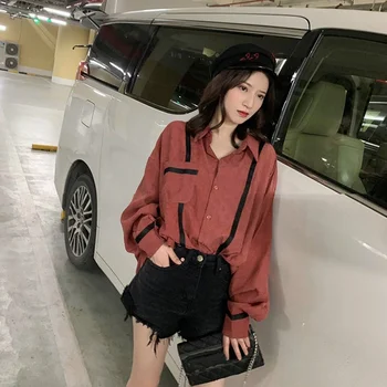 

Solid Color Matching Linen Blouse Women Long Sleeve Lapel Pocket Blouse Ladies Loose Lazy Blouses
