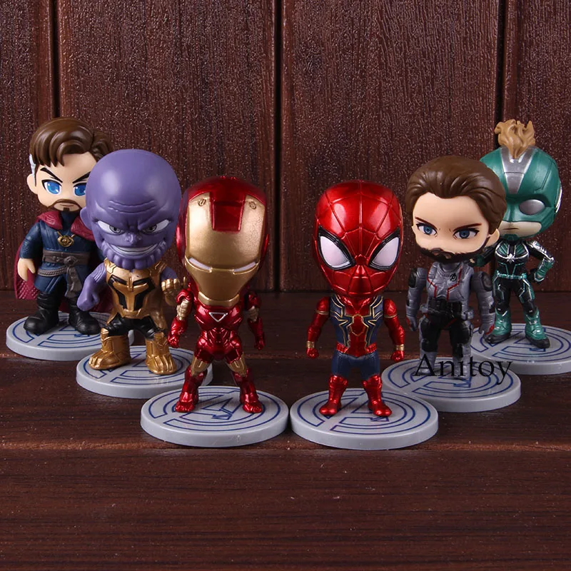 

Q Version Avengers Endgame Action Figure Thanos Iron Man Captain America Spiderman Doctor Strange Captain Marvel Toys 6pcs/set