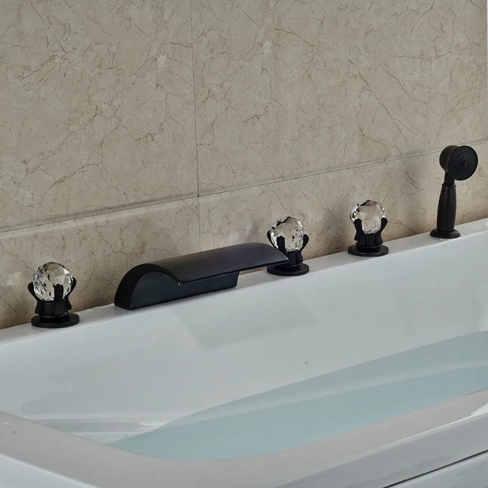 

5pcs Waterfall Spout With Hand Shower Oil Rubbed Broze Bath Tub Faucet Three Handles Deck Mounted