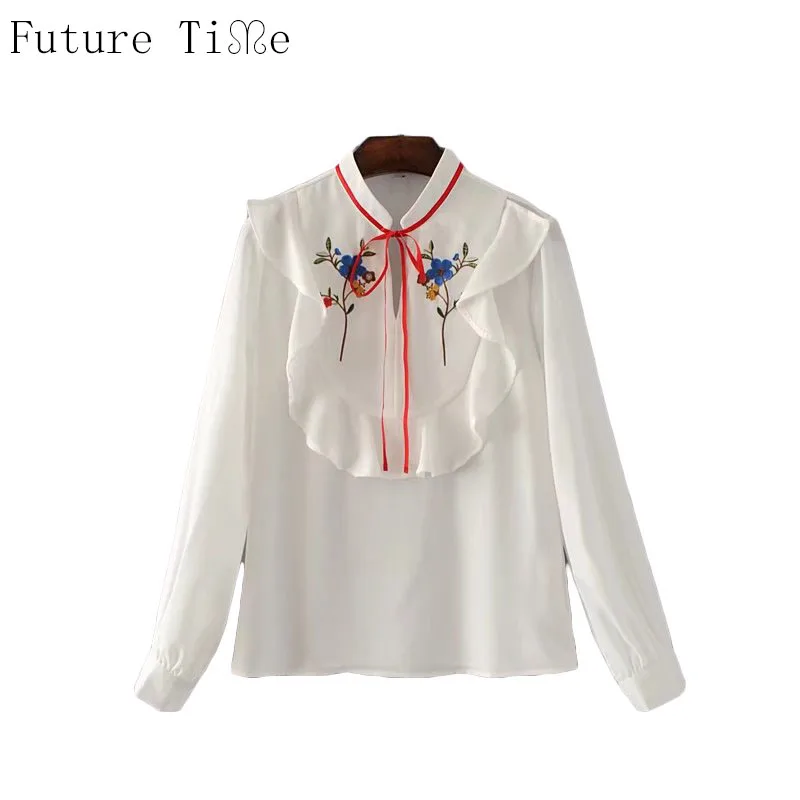 Future Time Women Embroidery Shirt Vintage Chiffon Blouse Ladies Ruffles Lace Up White Shirt Female Autumn Flower Tops SC604 white-cotton-lace-top : image Future Time Women Embroidery Shirt Vintage Chiffon Blouse Ladies Ruffles Lace Up White Shirt Female Autumn Flower Tops SC604 white-cotton-lace-top
