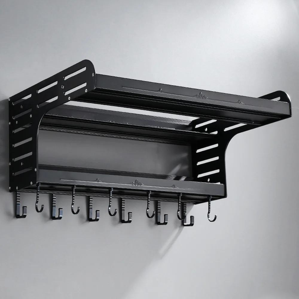  Black Space Aluminum Kitchen Rack Perforated Wall Mount Microwave Oven Rack Seasoning Storage Rack  - 32913244684