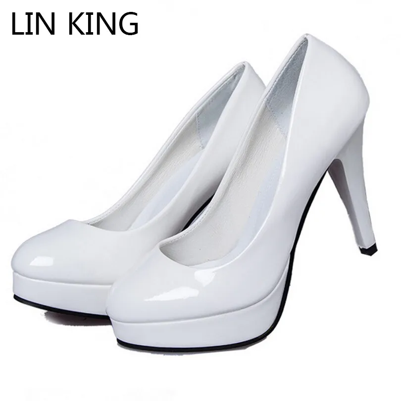 

LIN KING New Style Women Pumps Round Toe Thick Sole Slip-on Wedding Shoes High Thin Heel Solid Low Top Platform Big Size Shoes
