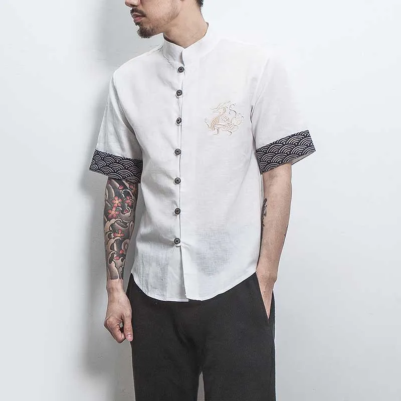 

MRDONOO 2018 Dragon Embroidery Men short Shirt Tops Chinese Style plate buckle Men T-Shirt Short Sleeve Male Tees A032-1803