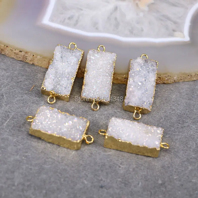 

5pcs Quartz Connector Beads, Rectangle shape Gold color Edged, White AB Crystal Drusy Gem Connector Jewelry Findings