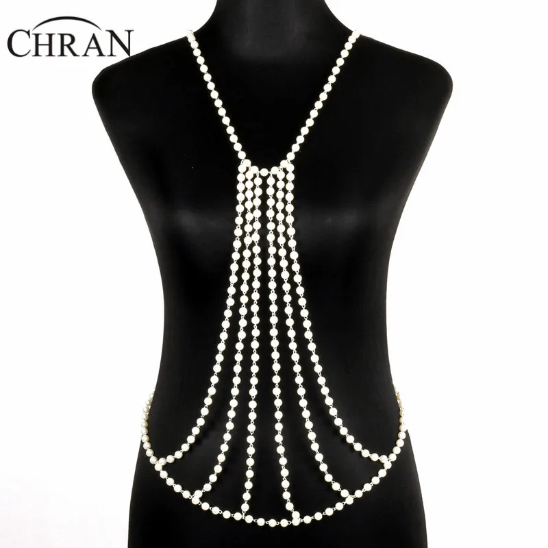

Chran Stunning Bridal Faux Pearl Beach Chain Sexy Back Drop Necklace,Bikini Body Belly Waist, Party Evening Dress Decor Jewelry