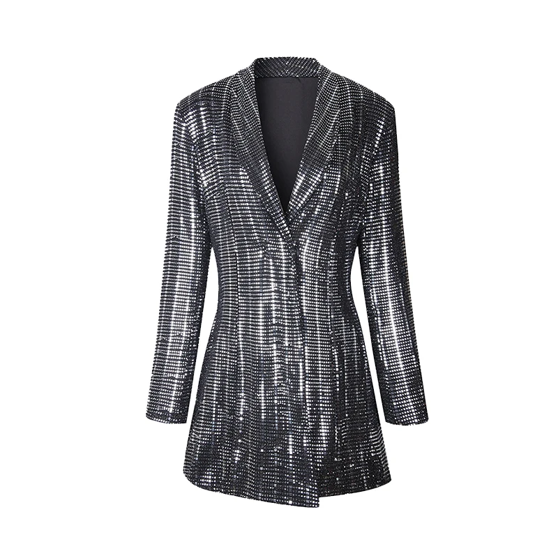 Perhaps U Women Sequined Bling Blazer Shawl Collar High Street Long