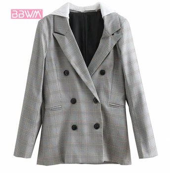 

Plaid double-breasted suit jacket casual wild self-cultivation female 2019 spring new British retro Houndstooth Hooded coat