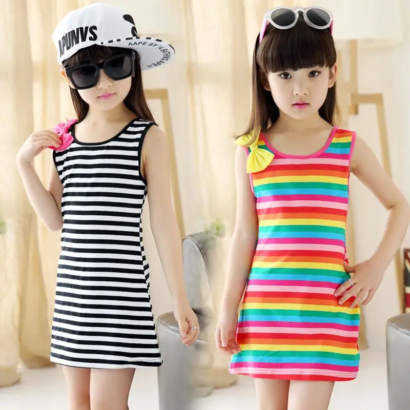 

2019 New Fashion Children Girls Dress Cotton Regular Sleeveless O-Neck Bow Cute striped A-Line Good Quality Kids Dress Suit 3-9T