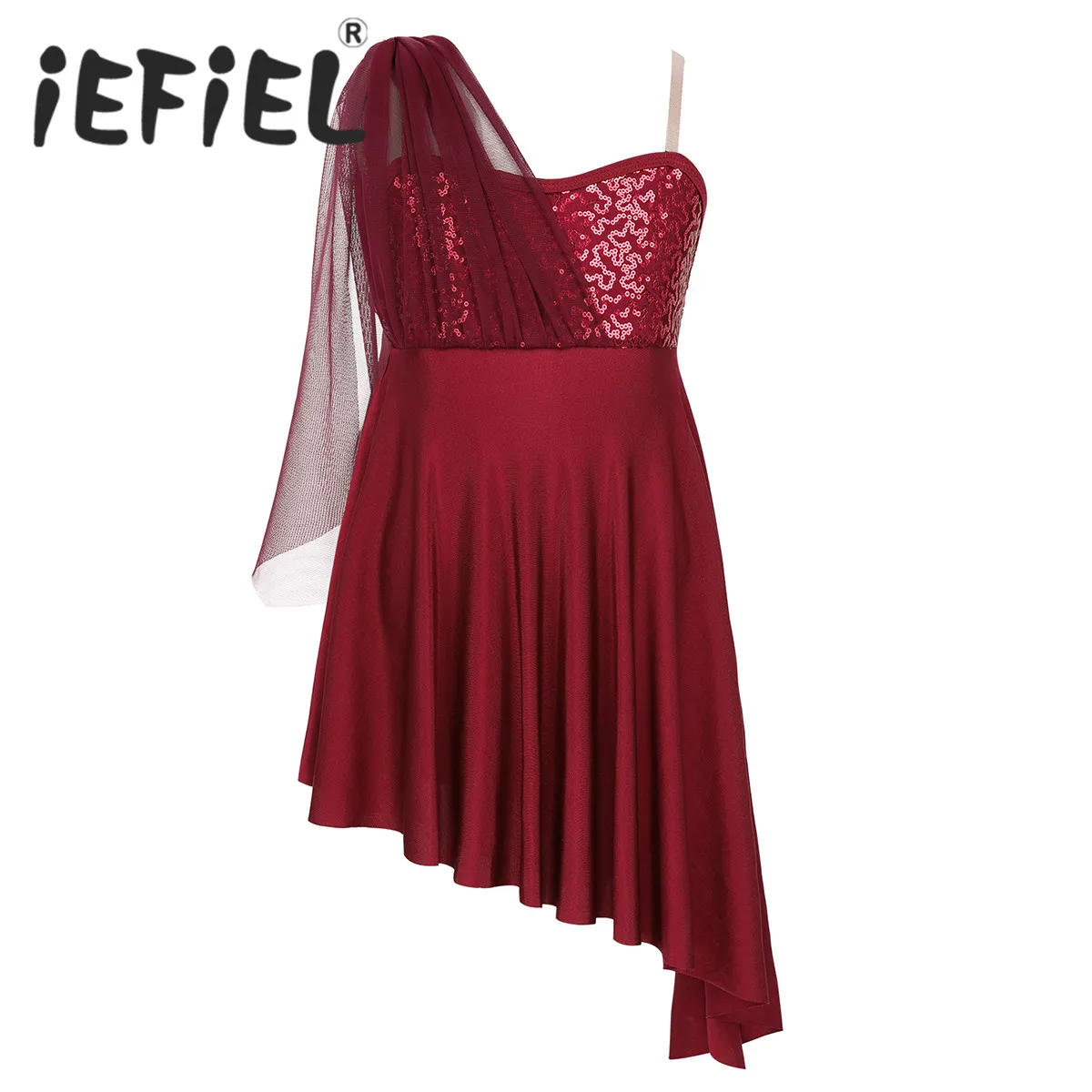 

Sequins Kids Girls Adjustable Shoulder Straps Side Split Irregular Hem Dress for Lyrical Modern Contemporary Dance Performance