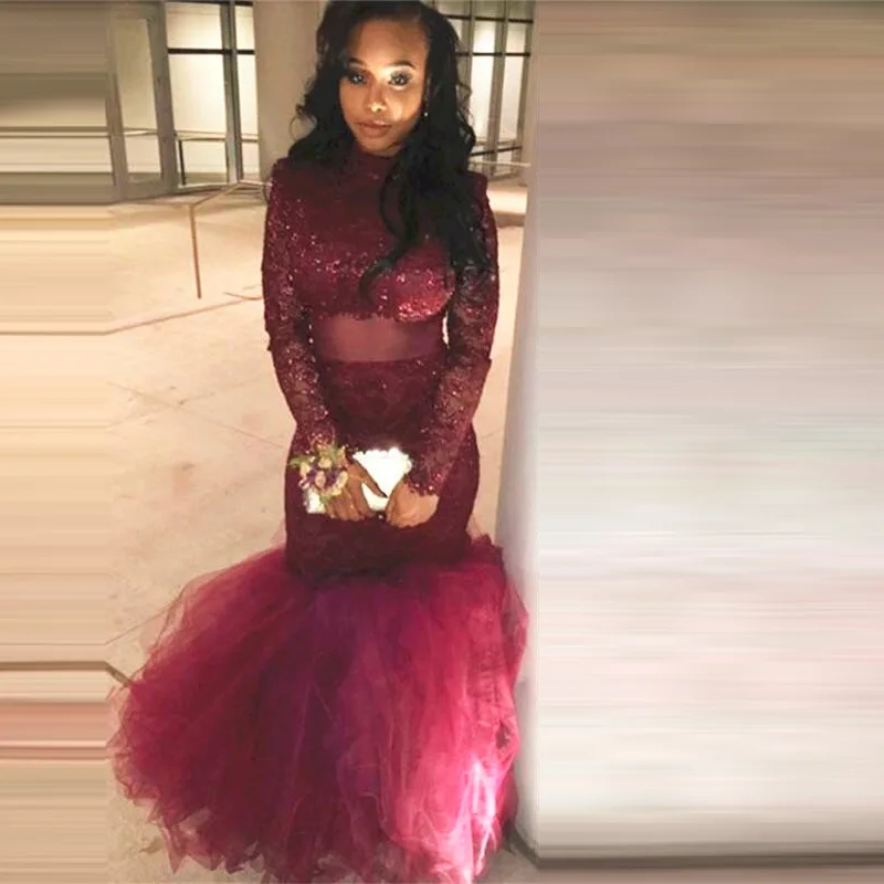 vestidos gala 2017 High Neck Sheer Burgundy Mermaid Prom Dresses Sweep Tulle Long Sleeve Beaded Lace Women Party Gowns | Свадьбы и