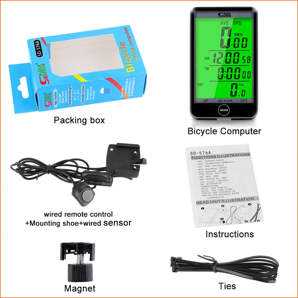 Sunding 576 проводной Велосипедный компьютер с ЖК-подсветкой, цифровой дисплей, велосипедный спидометр, одометр, секундомер, водонепроницаемый велосипедный компьютер
