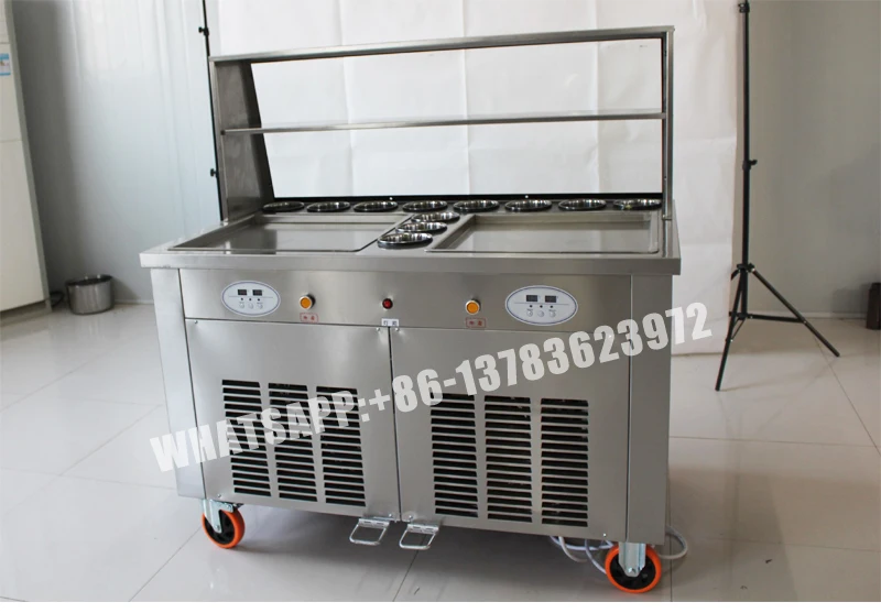 Double Pans Fried Ice Cream Machine 2 Square Pans Ice Cream Roll Making Machine with Salad Fruit Workbench 11pcs Tanks Cooling