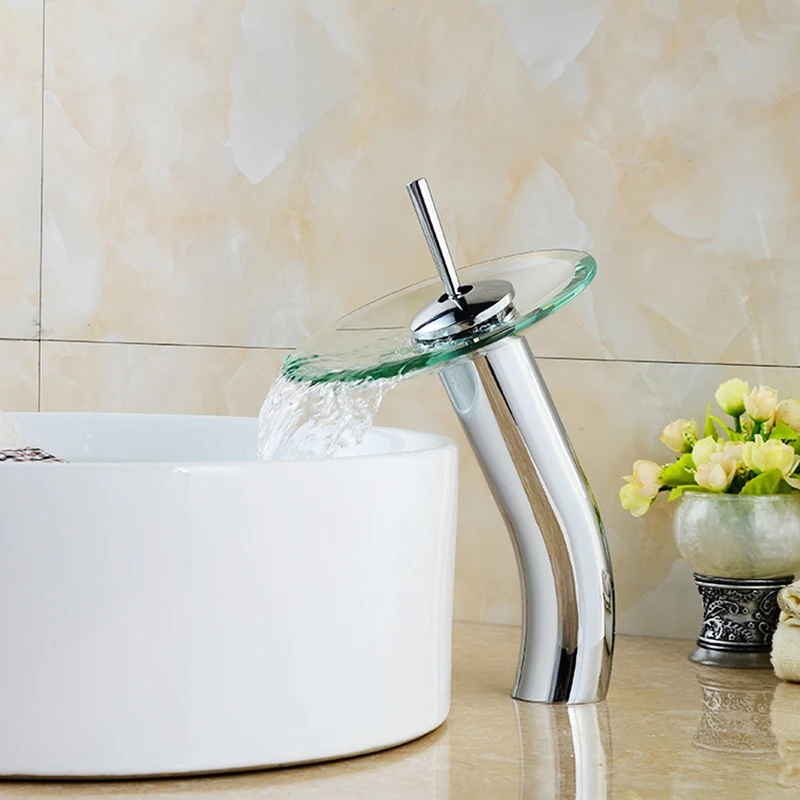 Kaufen Pilz förmigen langen hals Glas bad wasserfall Wasserhahn. transparent schiff wasser wasserhahn. bad becken waschbecken Mischbatterie XP 015