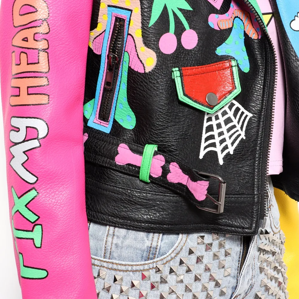 awesome LORDXX Colorful Rainbow Jacket Women 2019 New Fashion print yellow sleeve Street Short Leather Jack