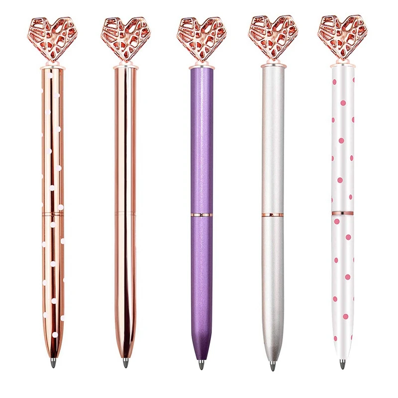 5Pcs Big Crystal Diamond Pen,Heart Shaped Pen,Bling Metal Ballpoint Pen School and Office Supplies,Rose Gold/Silver/White/Purp