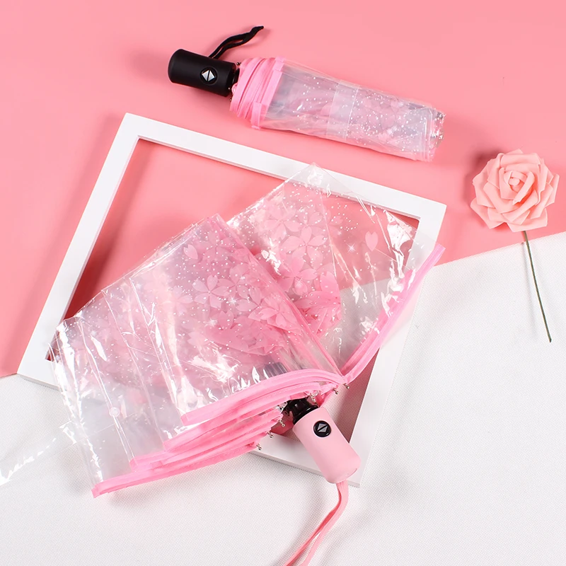 

Japanese Cherry Blossom Transparent Umbrella Plastic Girl Female Cute Flower Rain Umbrellas 3 Folding Women Clear Umbrella Small