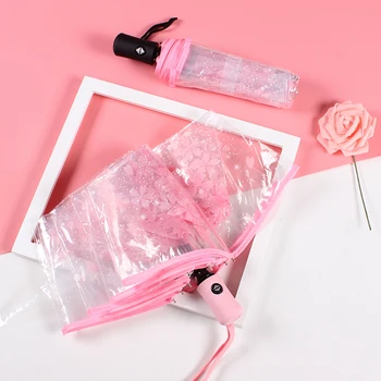 

Japanese Cherry Blossom Transparent Umbrella Plastic Girl Female Cute Flower Rain Umbrellas 3 Folding Women Clear Umbrella Small