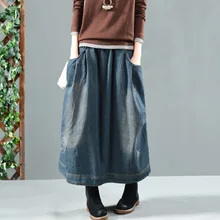 Осенне-зимняя юбка, Ретро стиль, женская Свободная джинсовая юбка, новинка, эластичная талия, карман, отбеленная, повседневная, женская,, джинсовая юбка
