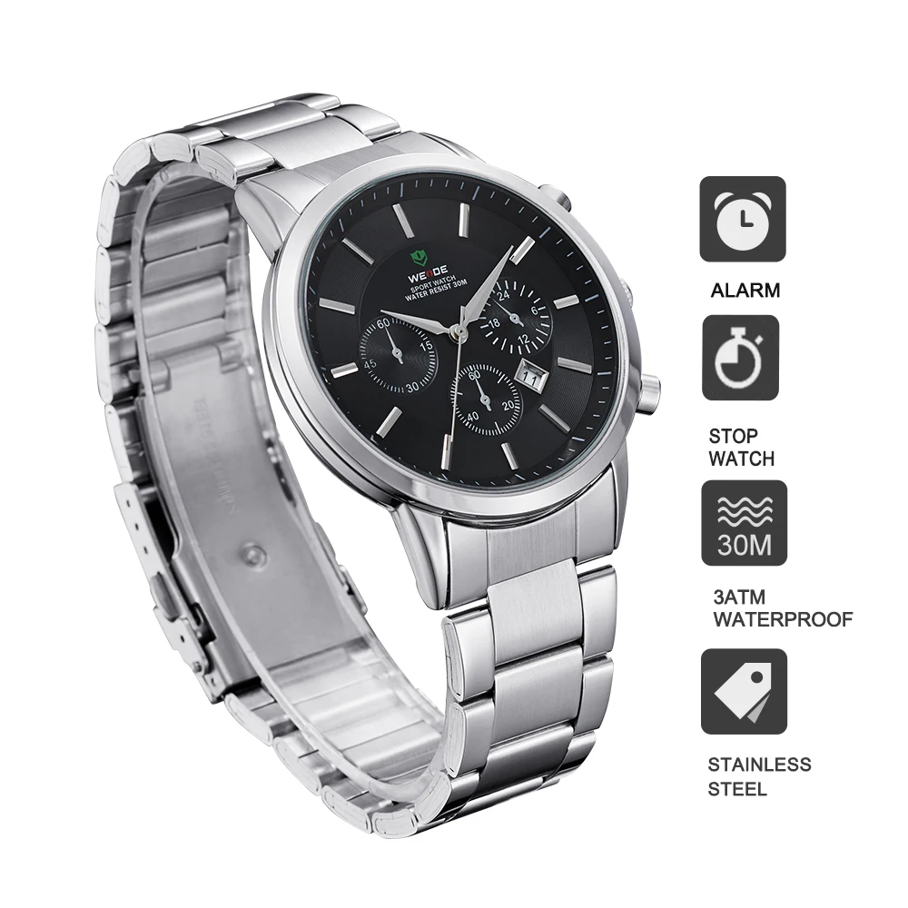 WEIDE Luxury Big Black Mens Watches Japan Quartz Movement Full Stainless Steel 3ATM Waterproof Fashion Wrist Watch Analog Clock WEIDE Luxury Big Black Mens Watches Japan Quartz Movement Full Stainless Steel 3ATM Waterproof Fashion Wrist Watch Analog Clock