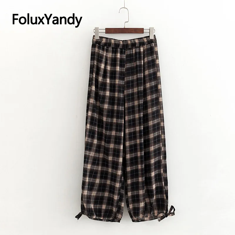 

Plaid Loose Pants Women Trousers Elastic Waist Casual Plus Size Wide Leg Pants KKFY3239