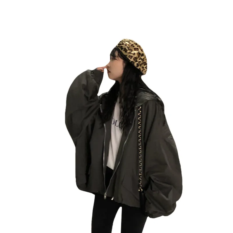 

Spring Loose large size female windbreaker Jacket Harajuku Bomber Jacket Student BF Coat Hooded Oversize Jacket Basic Coats U900