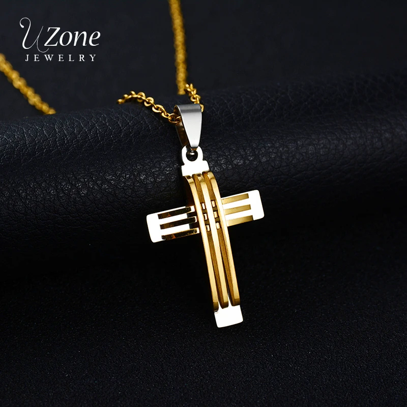 

UZone Between Gold Stainless Steel Jesus Cross Pendant Necklace Charm Christ Jewelry Rolo Chain Sweater Necklace For Women